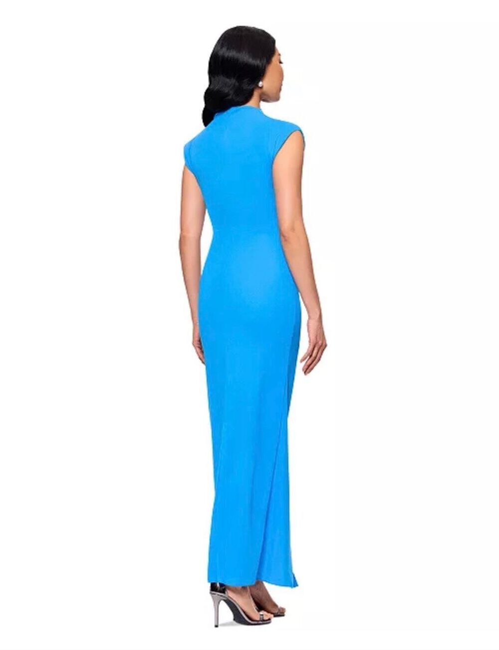 Betsy & Adam Elegant Mock Neck Cap Sleeve Ruched Gown Ocean Blue 6 - Picture 5 of 7